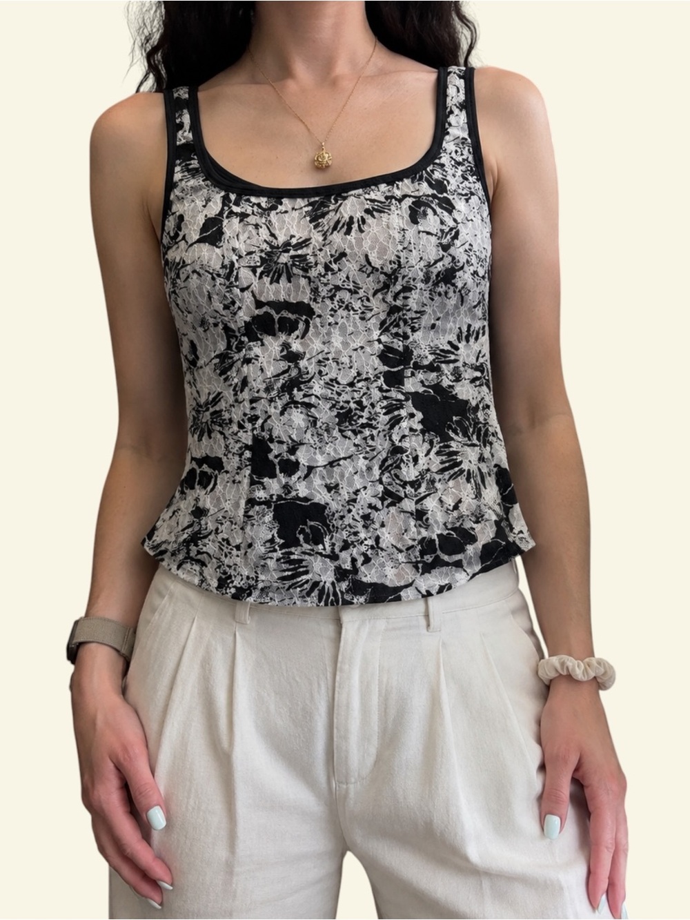 VTG Y2K Dressbarn Floral Lace Cami Tank Top M Black White Grunge Whimsigoth Goth